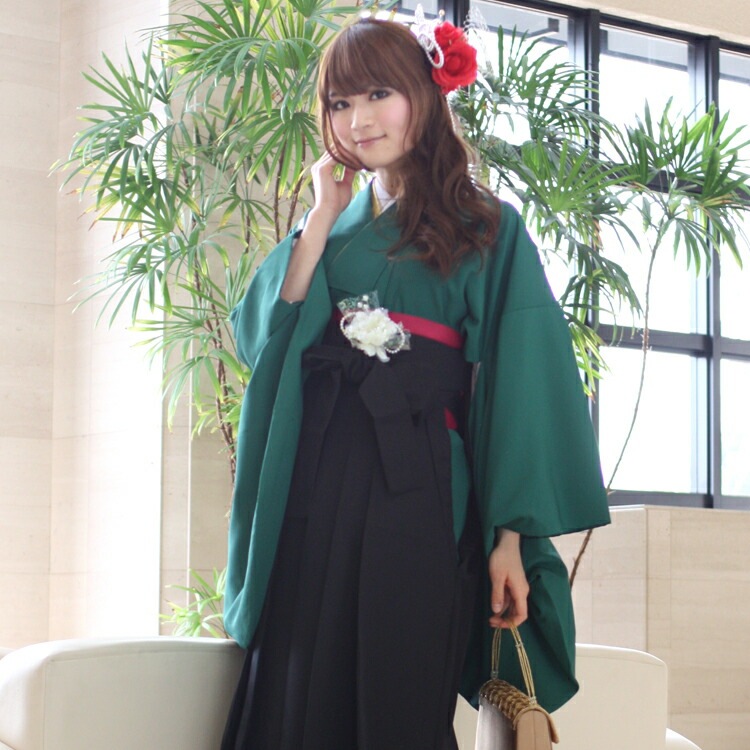 レンタル卒業式 袴 レンタル 女 安い 袴セット 卒業式袴セット2尺袖着物＆袴フルセットレンタル 緑の色無地 教員 先生 9,636円