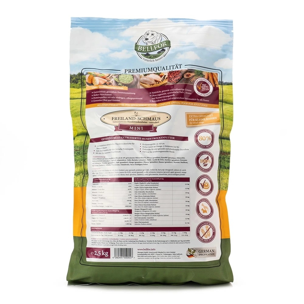 【期限切れ2025年11月1日】 オススメ BELLFOR チキン Freiland Schmaus 放し飼いのごちそう 2.5kg 穀物不使用 低アレルギー性 合成着色料・