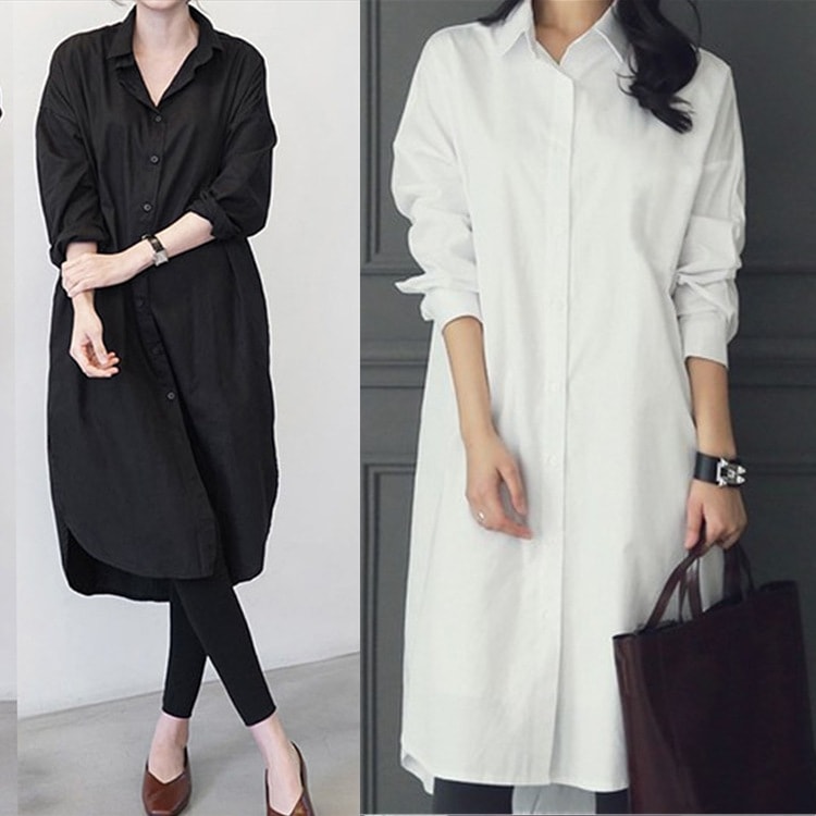 ワンピース シャツ 羽織 膝丈 膝下 長袖 襟付き ストレート Iライン 前開き 薄手 大人可愛い きれいめ シンプル エレガント 春 秋 冬 通勤 デート 重ね着 モテ XL 白 黒