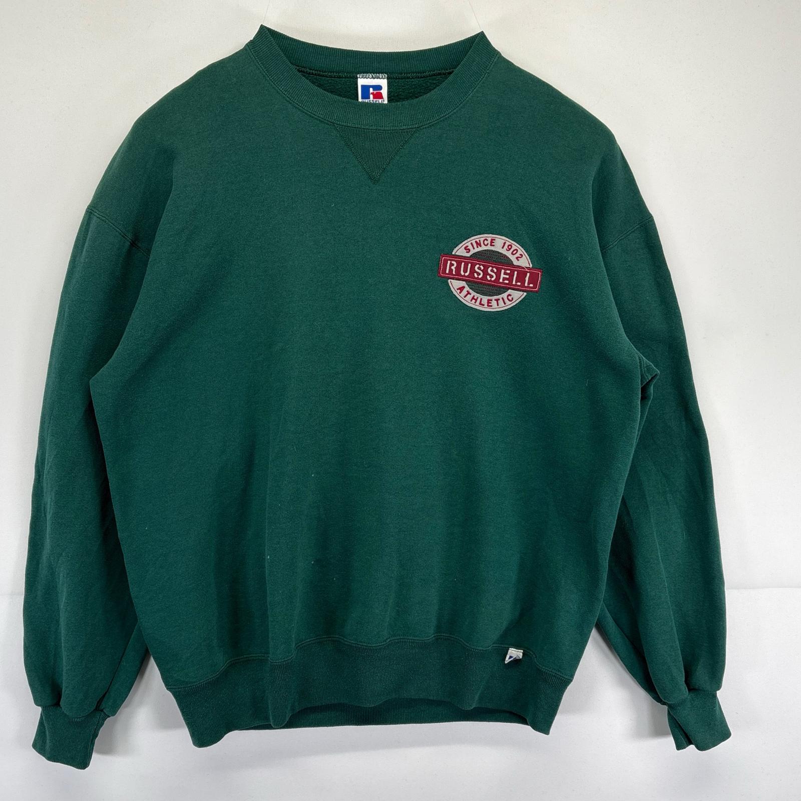 古着 90s/90年代 USA製 スウェット クルーネック トレーナー ワンポイントロゴ 刺繍 XL グリーン メンズ