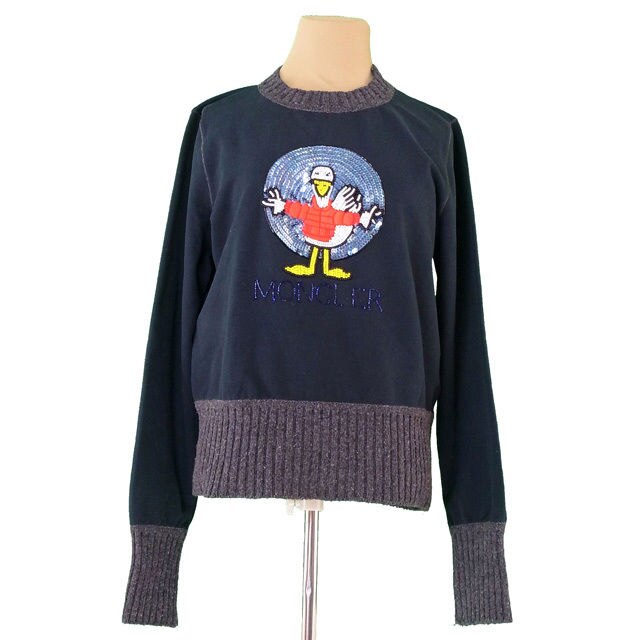 カットソー ニット切替え ダック Lサイズ ビーズ刺繍 ネイビー グレー系 中古