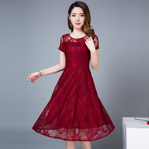 A1074.Uネックシースルーレースワンピース（レッド）2019 春夏 sale 春夏 sale ドレス 半袖 フレア フリル エレガント お呼ばれ 結婚式 披露宴 パーティー 女子会 レストラン デ