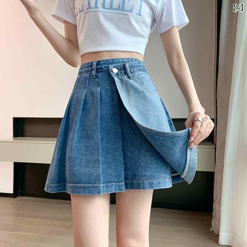デニムスカート ミニ プリーツ レディース プラス サイズ 夏 ハイウエスト ショートラインスカート ブルー