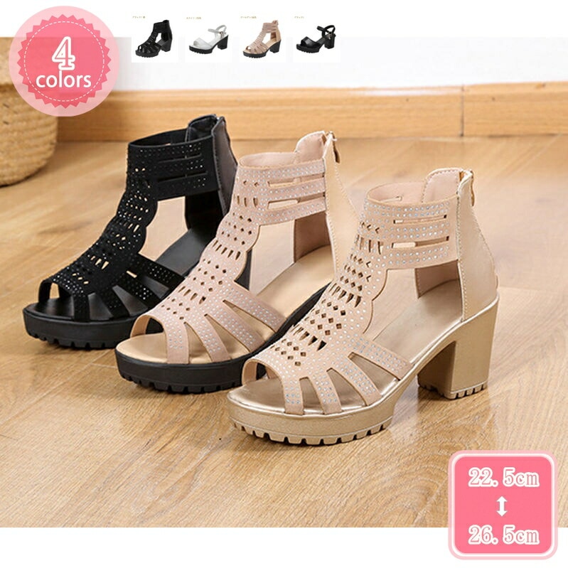 500円OFFクーポン グラディエーターサンダル ハイカット レディース サンダル ウェッジ オープントゥ バックジッパーラインストーン キラキラ 欧風 フラット 通勤 防水プラットフォーム 牛革 柔