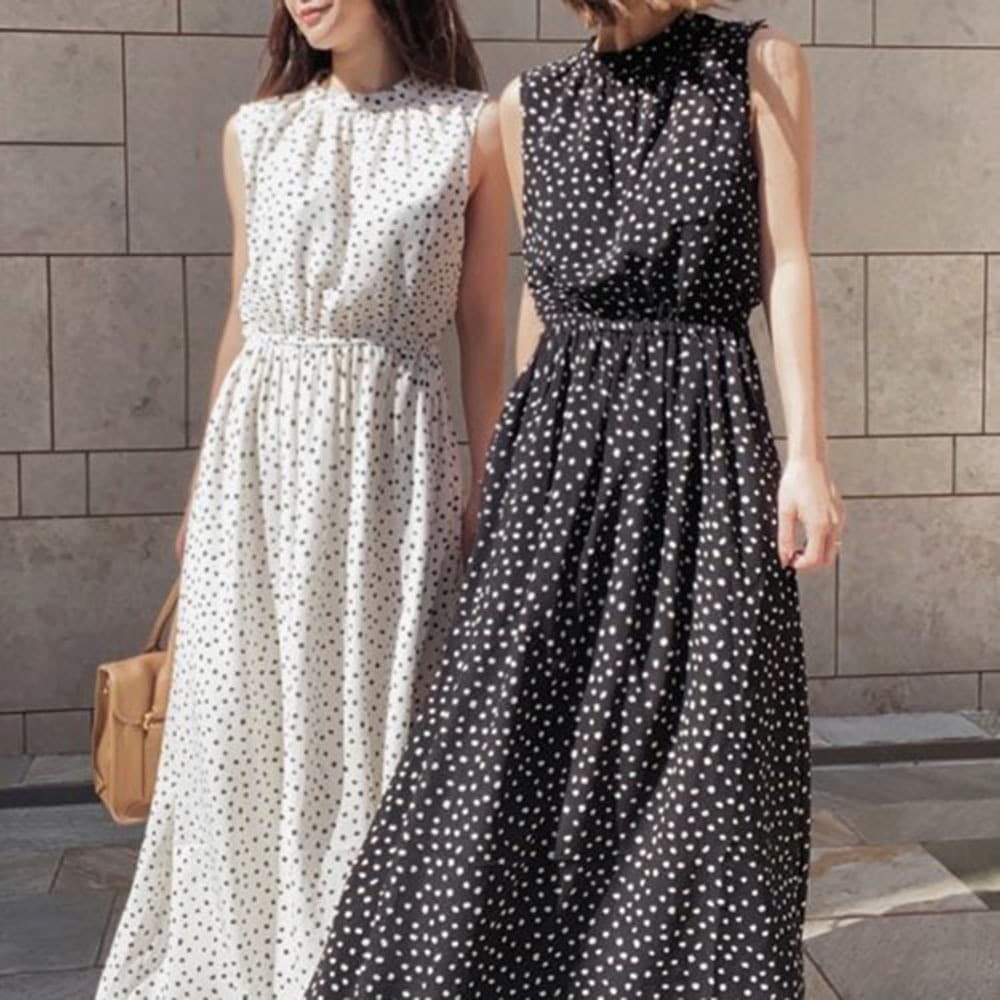 レディース ワンピース フレア ロング マキシ 袖なし ノースリーブ スタンドカラー Aライン 切り替え フェミニン ハイウエスト バイカラー 薄手 コットン かわいい 大人可愛い きれいめ シンプル 5,621円