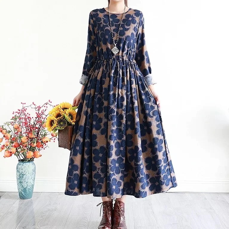 【輝いて超人気】 秋 森ガール プリント ギャザー Aライン 花柄ワンピース 4,591円