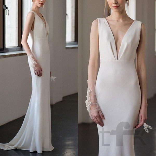 ウェディングドレス ウェディングドレス白 パーティードレス V襟 露背 簡約 花嫁ロングドレス 結婚式 トレーンライン 二次会 エレガント お呼ばれ 挙式