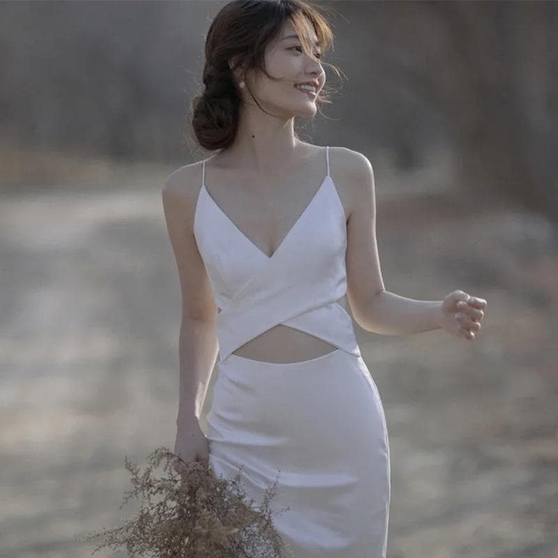 ウェディングドレス 二次会 結婚式 ブライダル ロング丈 サテン クロス キャミソール 前撮り 海外挙式 花嫁 リゾートウェディング ガーデンウエディングドレス