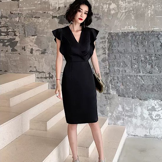 【取寄：納期2週間】結婚式ドレス イブニングドレス フリル ノースリーブ Vネック 無地 シンプル 膝丈 発表会 演奏会 レディース 結婚式 ステージ衣装 ペンシルスカート エレガント