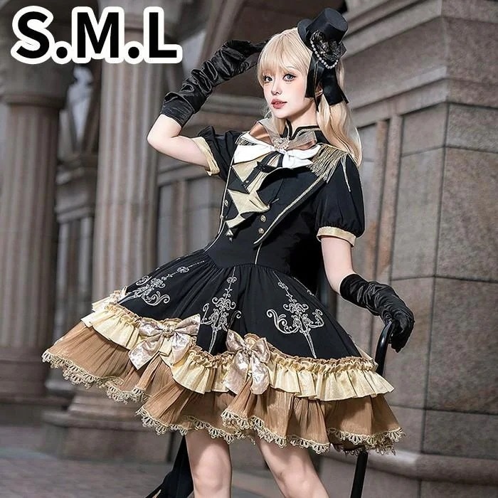 ロリータ ワンピース ショール OP 半袖 ブラック×ゴールド レディース 夏 クラシカル 甘ロリ 上品 コスチューム 仮装 イベント ダンス 卒業式