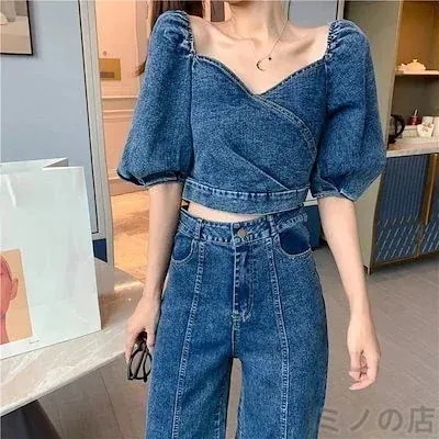 【人気商品】23 新入荷 デコルテ 女っぽ デニム セットアップ スタイルアップ パフスリーブ フレアパンツ 新品登場1528 セットアップ