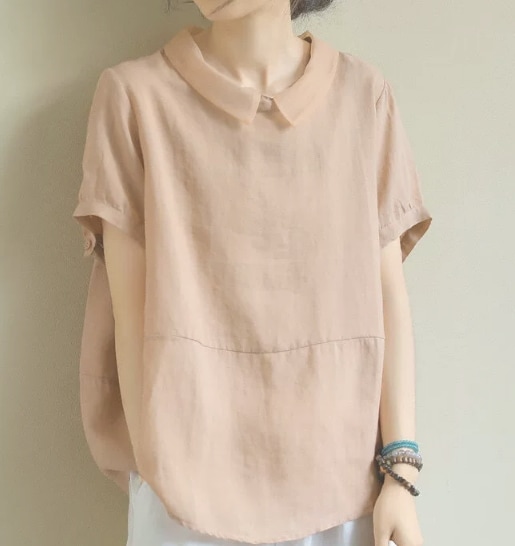 レディース トップス シャツ プルオーバー 半袖 襟付き 角襟 ワイド リネン コットン 大人可愛い きれいめ シンプル カジュアル 上品 ラフ ルーズ キュート ナチュラル 爽やか 涼しげ 無地 夏