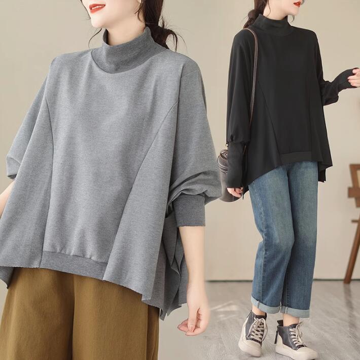 ドルマンスリーブ カットソー トレーナ スウェット Tシャツ レディース 長袖 ハイネック　バルーン袖　体型カバー　ゆったり　大きサイズ　オシャレ　20代 30代 40代