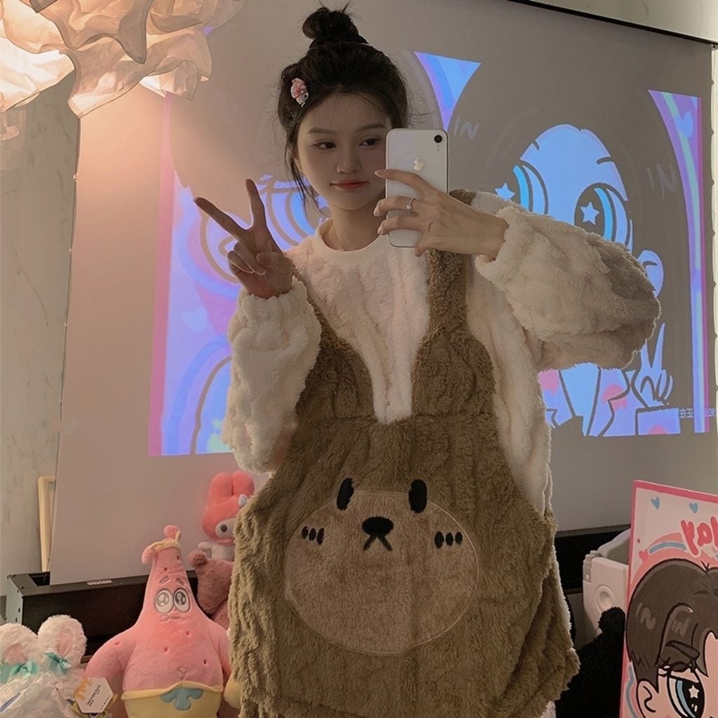 ルームウェア 秋と冬 あつさを増す かわいい クマ頭 韓国版 新しい ダウンコート ルームウェア セット