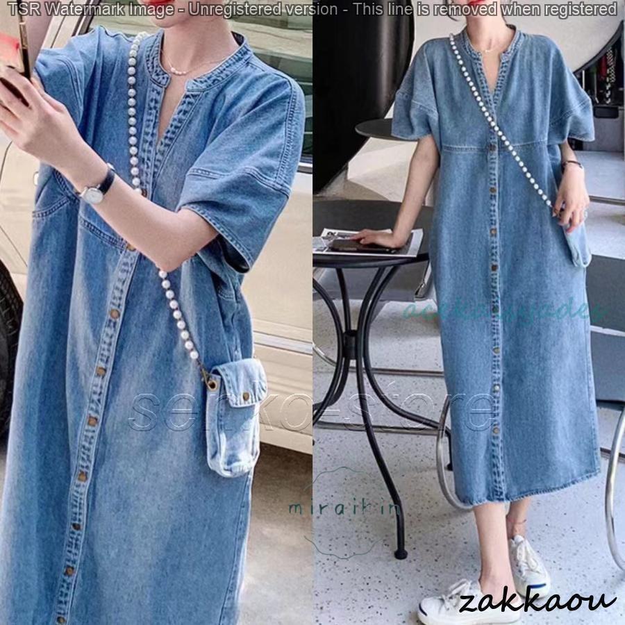 ワンピース レディース ロング 半袖 ロングワンピース 夏 デニムワンピース 羽織り ボタン Vネック ドルマンスリーブ ポケット付き 夏デニム I型 40代 アジアン
