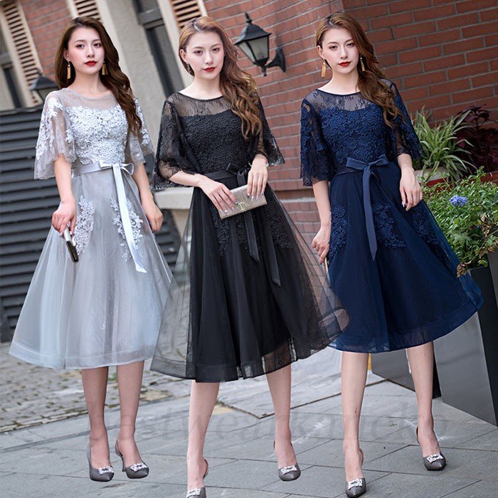 結婚式フォーマルドレス レース 体型カバー おしゃれ 20代 30代 40代 50代 ひざ丈 ドレス ワンピース二次会 花嫁 演奏会 親族 女性 袖あり きれいめ お呼ばれ