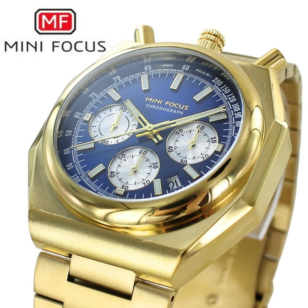 正規品 MINI FOCUS メンズ腕時計 ステンレスバンド かっこいい 腕時計 手表 メンズ 父の日 クロノグラフ クォーツ ゴールド ネイビーブルー 高級感 大人 おしゃれ ビジネス カジュアル