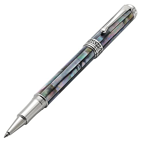 Xezo Maestro Fine Point Rollerball Pen. Handcrafted with Black Mother of Pearl. Platinum Plated. Lim