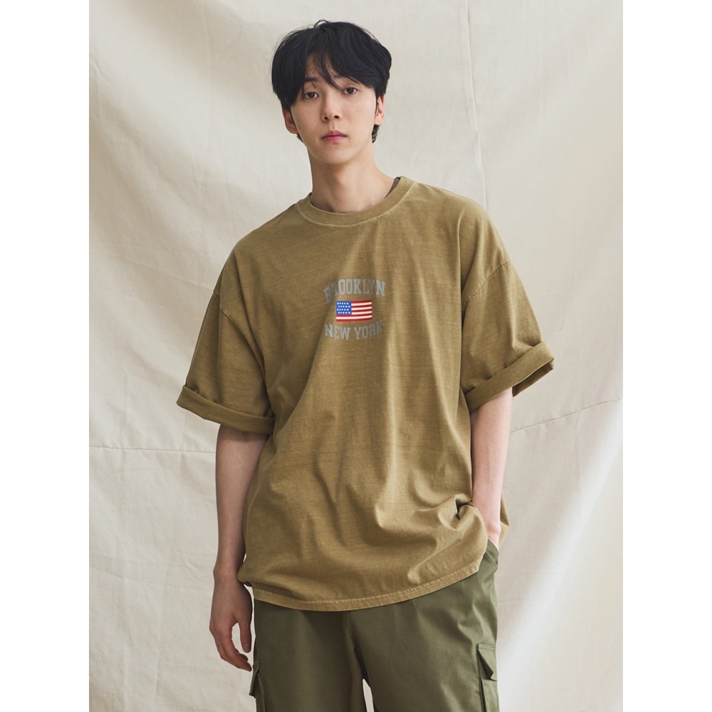 RUGGED HOUSE ラフピグメントブルックリングラフィック T シャツキャメル