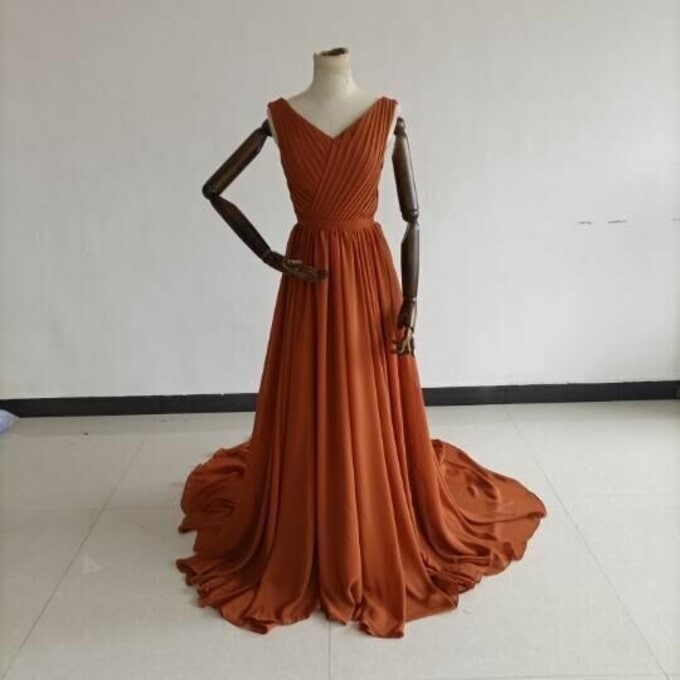 テラコッタ ノースリーブ Vネックドレス ビスチェ トレーン 拳式/披露宴