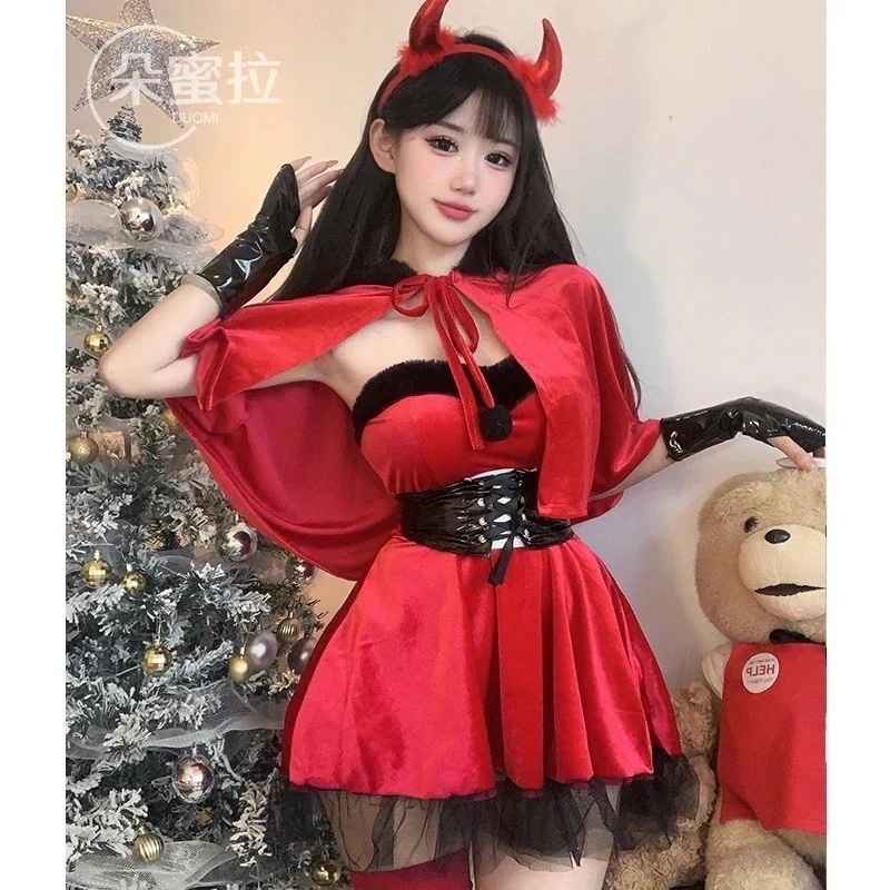 クリスマス小悪魔cosplayユニホーム着ステージベルベットのワンピースクリスマス衣装レディー気質ファッションクリスマスパーティー