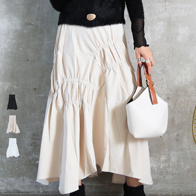 フレア スカート ギャザー アシンメトリ― Aライン ウエストゴム フレアスカート ティアードスカート ボトムス 無地 Aラインスカート ゆったり 体型カバー
