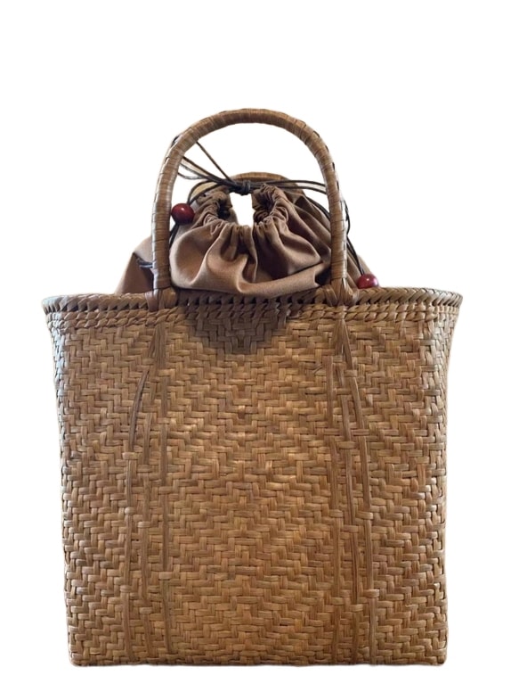 山葡萄 山葡萄かごバッグ 手作り 籠バッグ 網代編み LLサイズ 巾着タイプ内布 (約)幅40本体高さ31マチ19cm