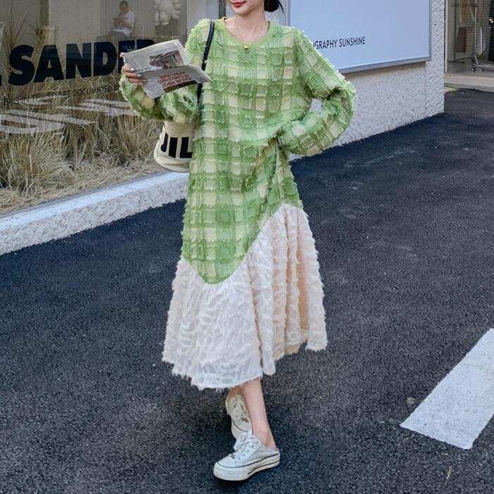 ワンピース ワンピ ドレス 袖あり 切り替え 配色 チェック レディース エレガント きれいめ カジュアル 長袖 大人 可愛い フェミニン ミモレ丈 Aライン フレア ゆったり 体型カバー グリーン