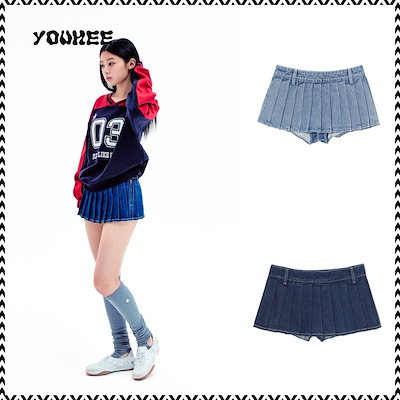 ★YOUHEE★DENIM LOW-RISE PLEATS SKIRT YOUHEE DENIM LOW-RISE PLEATS ファッションアイテム SKIRT