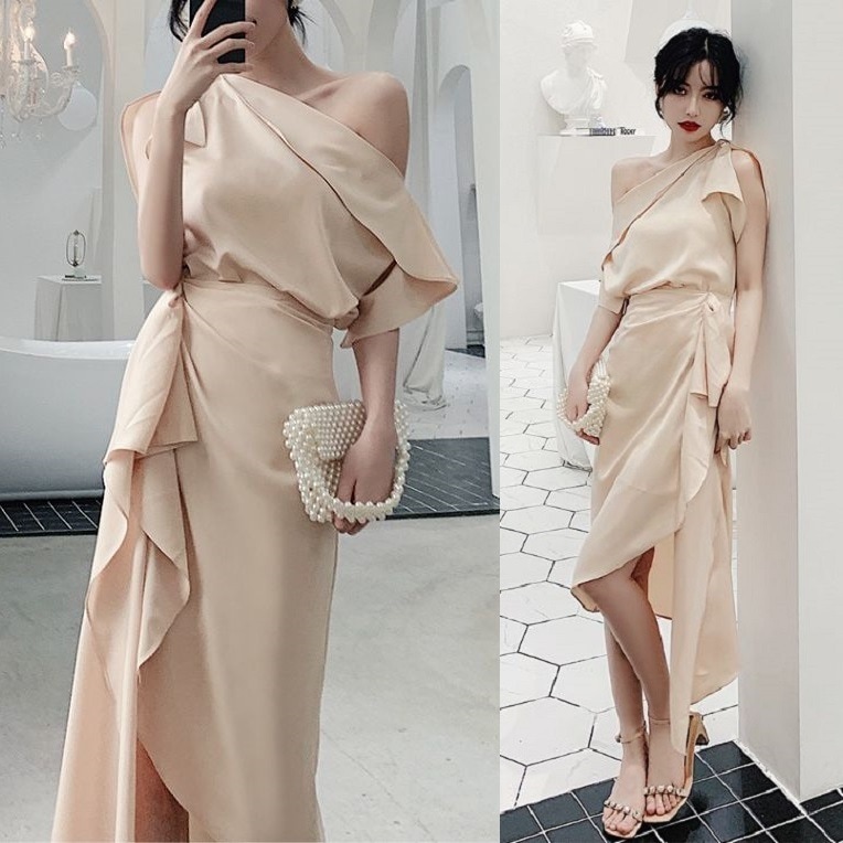 【即納】パーティードレス 韓国 セクシー キャバドレス ナイトドレス アシンメトリー アシメ カクテルドレス 黒 ワンショルダー 男ウケ 色っぽい 過激 かっこいい 個性的 ベージュ レディース 春