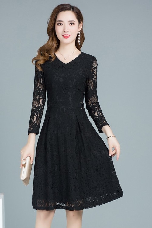 A1096.シースルーレースフレアワンピース（ブラック）2019 春夏 sale ドレス エレガント お呼ばれ 結婚式 披露宴 パーティー 女子会 レストラン デート