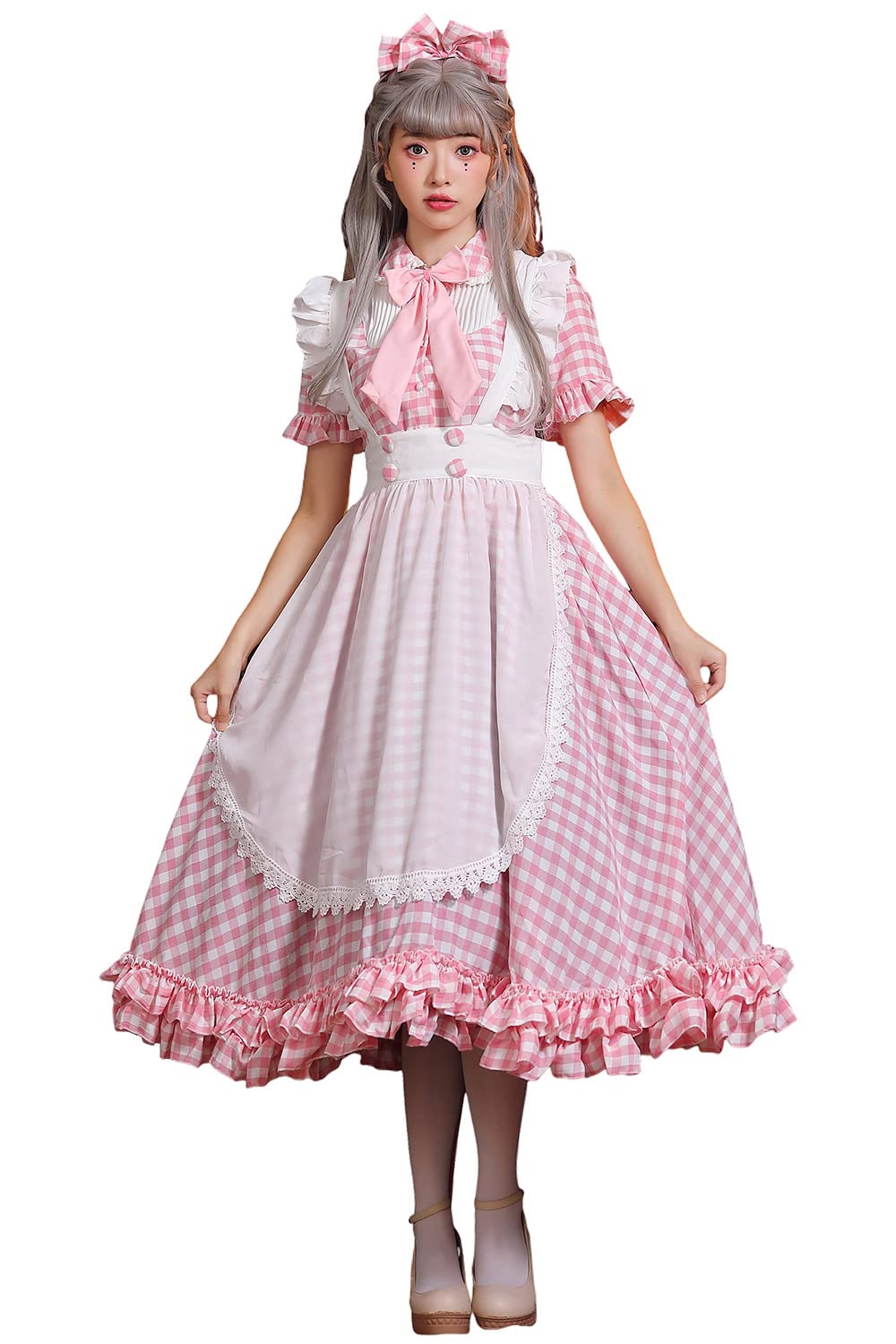 【2025新設計】 メイド服 チェック柄 ロング 喫茶店 3色展開 コスプレ ワンピース ロリータ 半袖 日常 萌え ハロウィン 仮装 レディース 蝶結ぶ 衣装 可愛い 大人用 ニーハイソックス限定版
