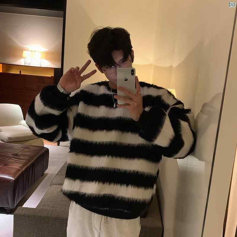 冬 モヘア ストライプ カップル セーター メンズ 韓国 ニット オーバー サイズ ラウンドネック トップ