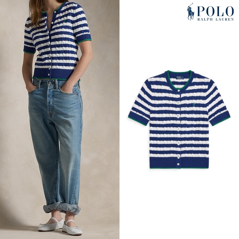 [ポロラルフローレン] ストライプド ケーブルニット ショートスリーブ カーディガン / SHORT SLEEVE CARDIGAN BLUE