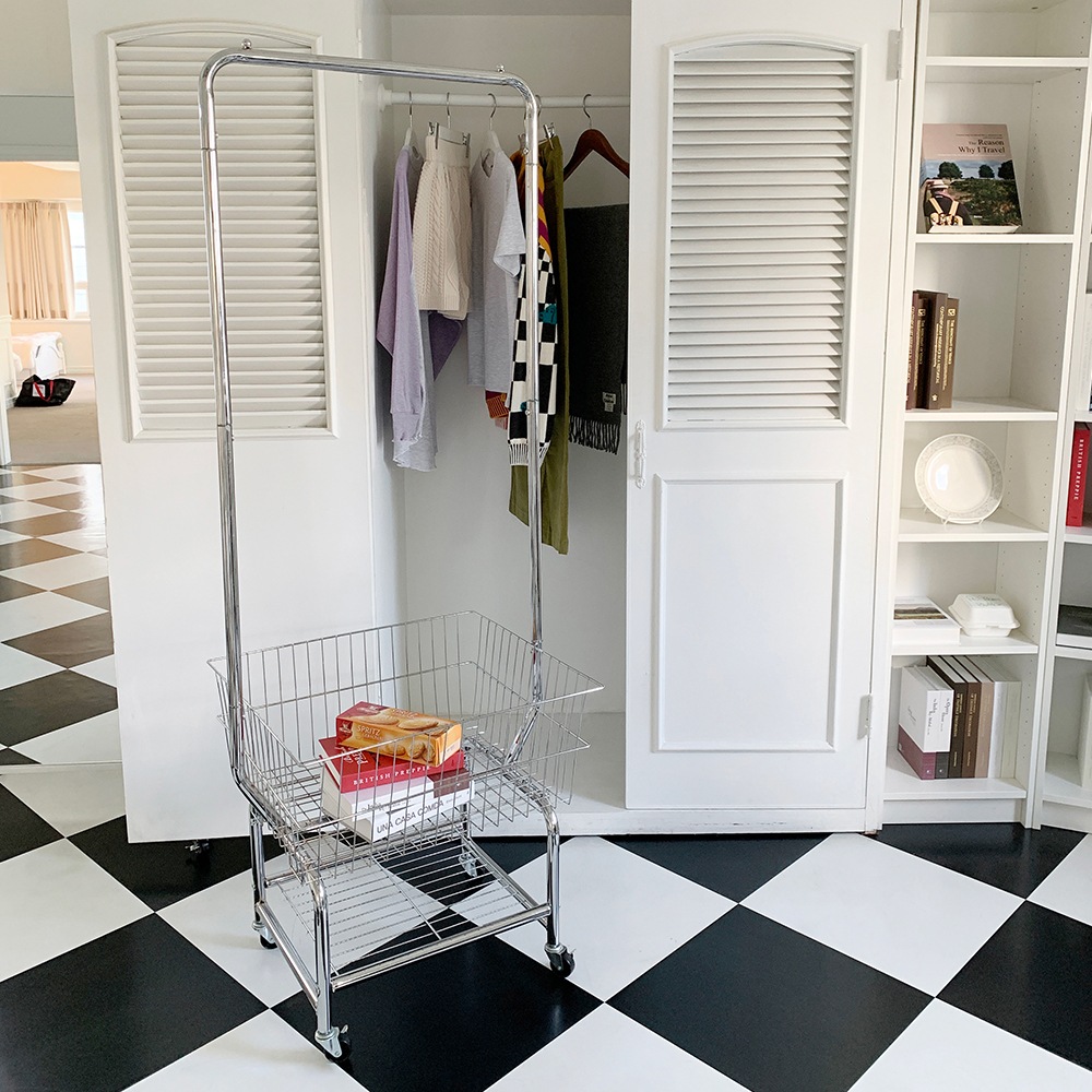 バスケットハンガートロリー 韓国インテリア 収納 移動式 ハンガー棒 シルバー スチール 64×54×177cm