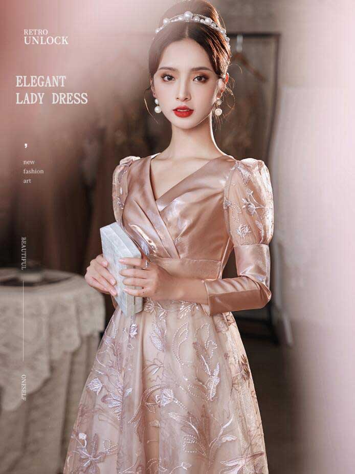 人気SALE 高級感 Ｖネック 新着 ピンク レディースドレス ロングワンピース エレガント おしゃれ チュールスカート 結婚式 パーティードレス ウェディングドレス 長袖ワンピース 演奏会 発表会