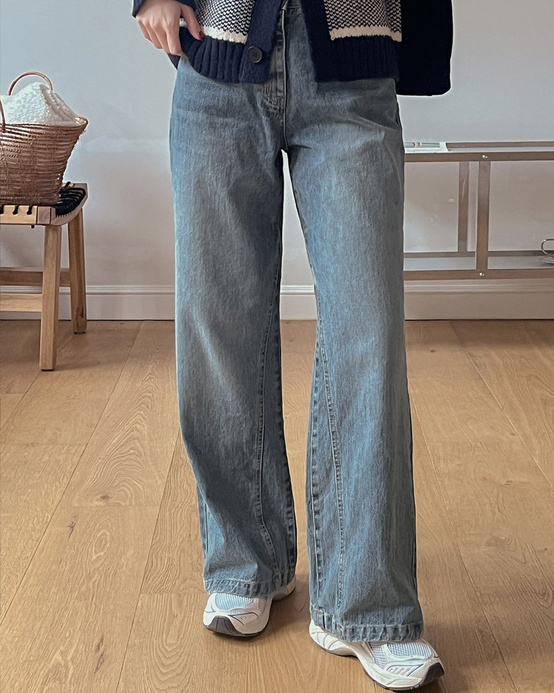 切り替えライン入りデニムパンツ韓国ファッション レディース