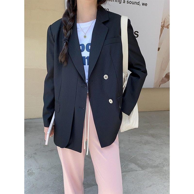 フレンチダブル前立て初秋シルエットレトロカジュアル肩パッドブレザー1108