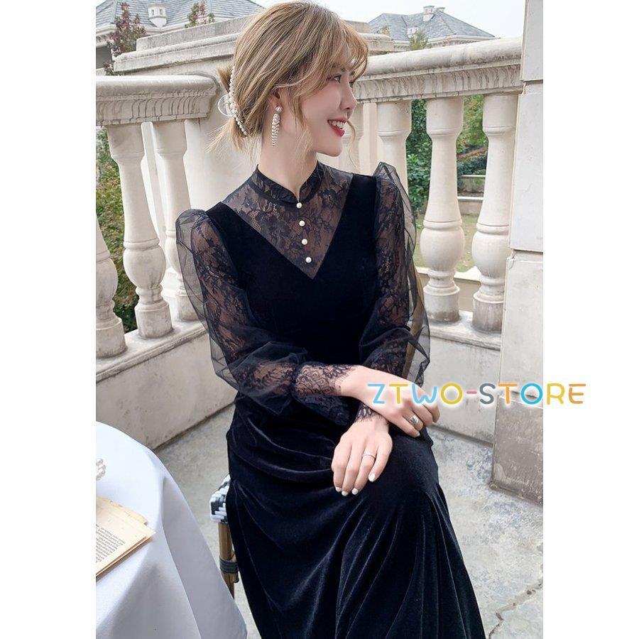 パーティードレス 結婚式 お呼ばれドレス 袖あり ロング 長袖 シースルー袖 ロングドレス 黒 大きいサイズ 3L 小さいサイズ 韓国 おしゃれ