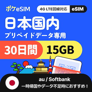 【一時帰国やデータ追加用に！】日本 eSIM 合計15GB 30日間 データ通信専用（電話番号なし） 有効期限90日