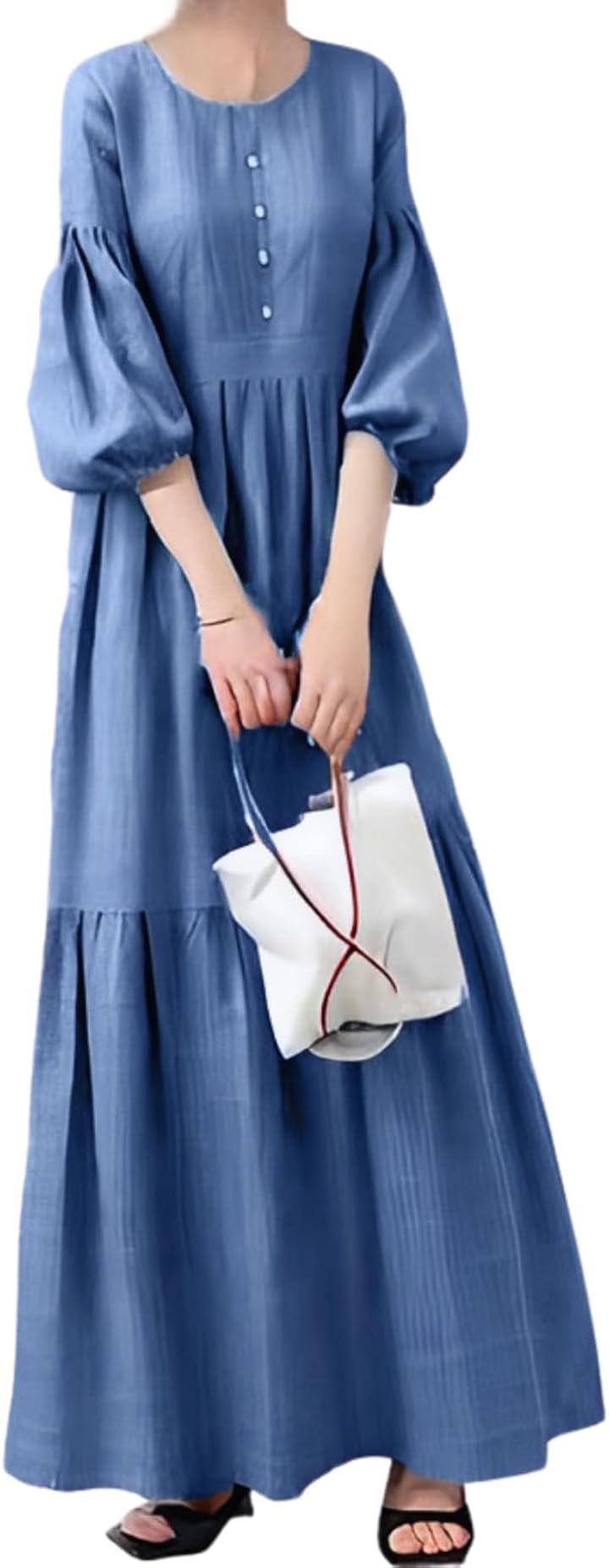 パフスリーブ ワンピース レディース マキシ丈 七分袖(ブルー, S)