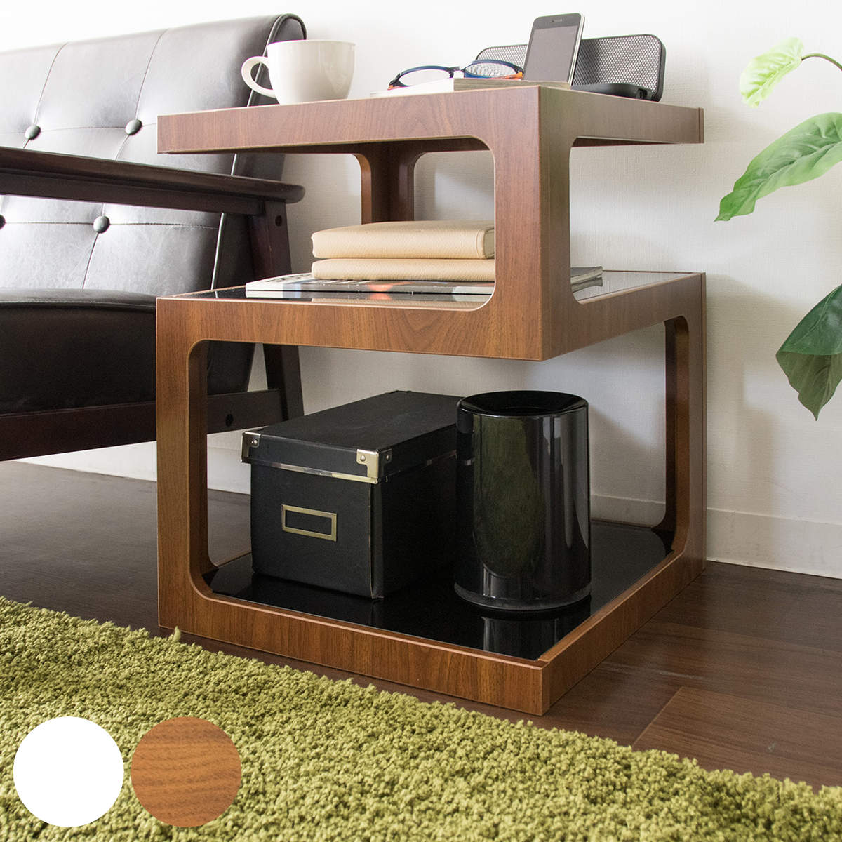 サイドテーブル 高さ52.5cm ガラス天板 木製 テーブル ナイトテーブル ソファーテーブル ガラス キューブ スクエア おしゃれ 北欧 シンプル モダン 収納 スペース付き 白 ブラウン