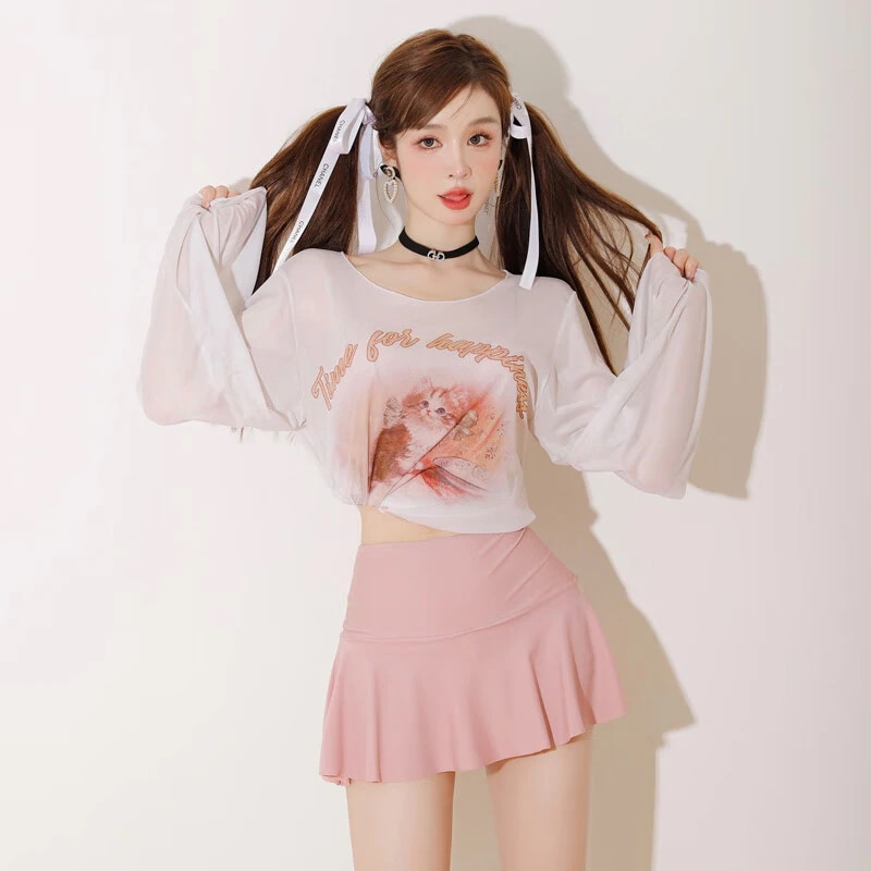 水着女子温泉入浴セパレートスカート式控えめ外着日焼け止め3点セット痩せ見え腹隠しかわいい学生水泳着子猫片栗粉