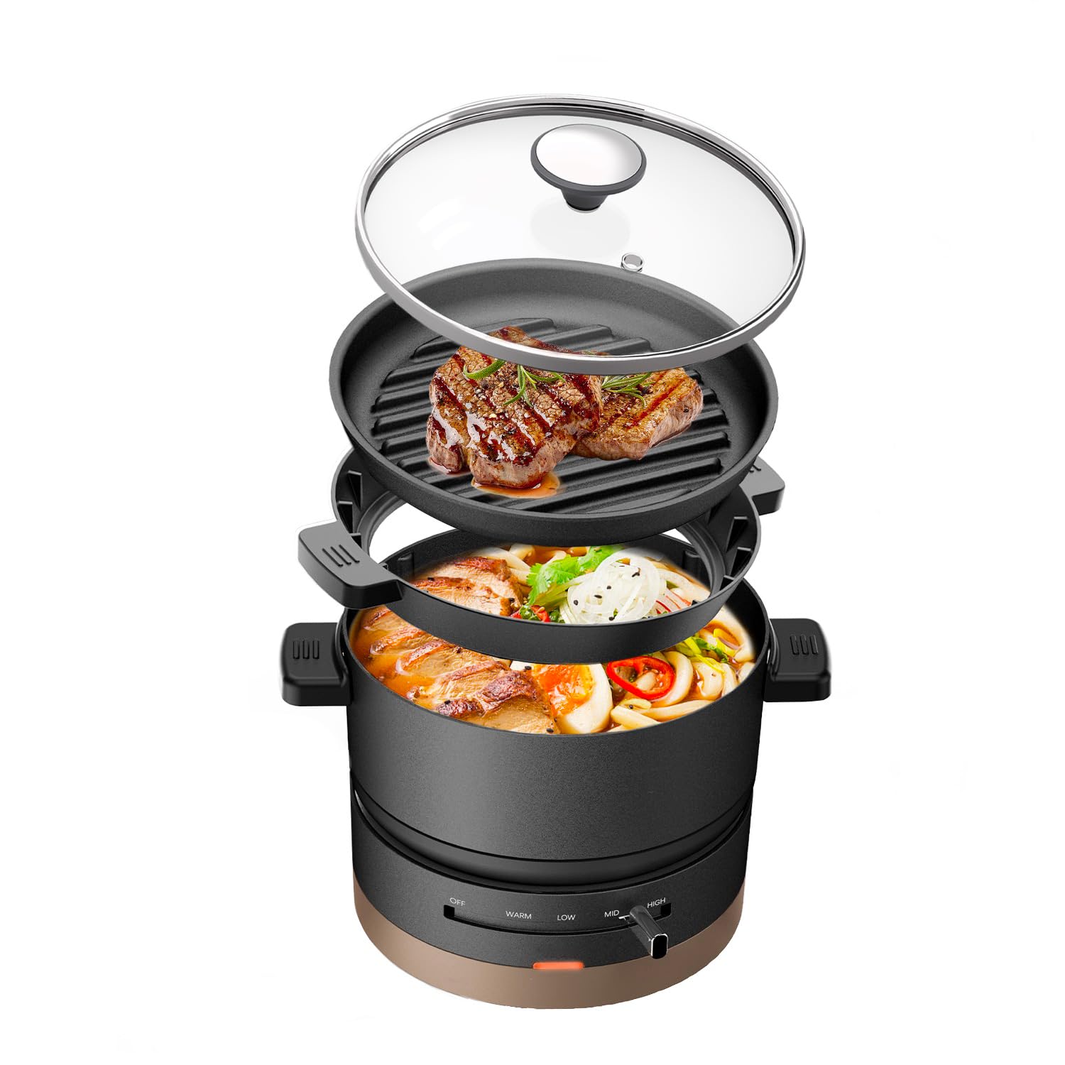 HAGOOGI ホットプレート 電気鍋 2枚タイプ 600W 1.0L 電気 一人用 4段階温度調節 波形プレート ガラス蓋 丸洗い可能 焼肉 一人暮らし用 1人 2人 小型 深鍋 焼肉プレート 車中