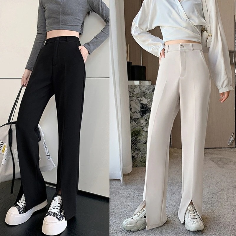 コーデュロイストレート風裾スプリットスーツパンツショート/普通/ロング丈通勤スラックスハイウエスト