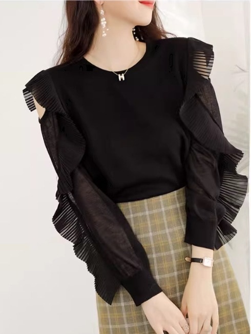 レディース トップス ニット セーター 長袖 Uネック スリム 細身 ストレート プリーツ ニット かわいい 大人可愛い きれいめ シンプル おしゃれ こなれ感 ラフ メンズライク マニッシュ