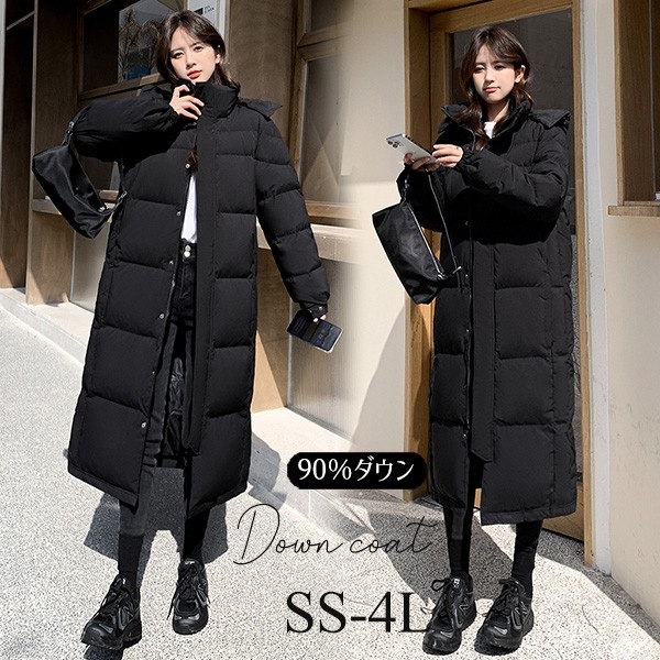 90％ダウン Aライン 帽子付き フード 母親 大きいサイズ 黒 ブラック 厚手 冬服 防寒着 おしゃれ S M L きれいめ 着やせ 20代 30代 40代 50代 60代 秋 冬 ダウンコート ベ