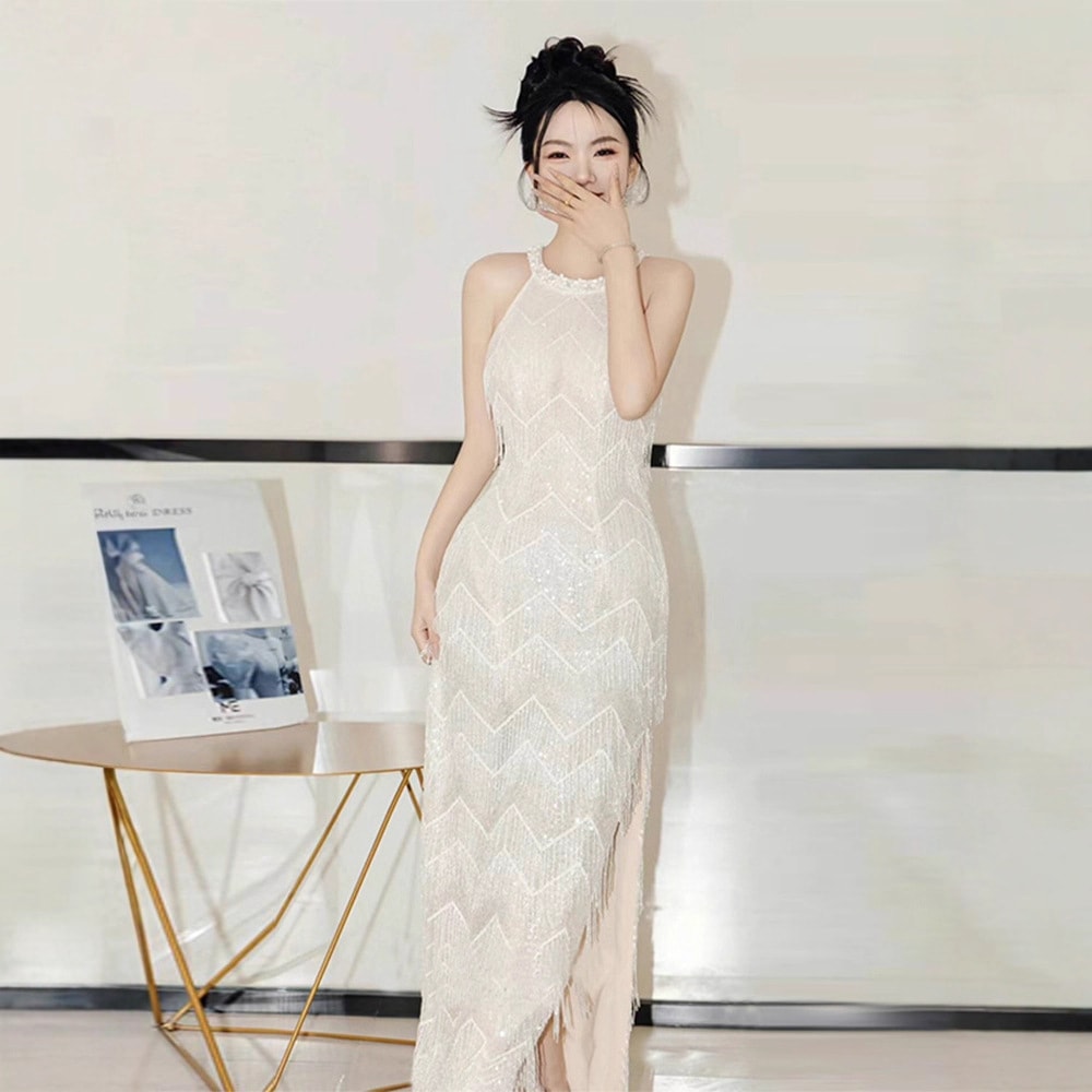 スパンコールライトウエディングドレス細閃軽贅沢白首掛けフレンチお出かけチュールフィッティングドレスフリンジモーニングドレスで痩せ見え