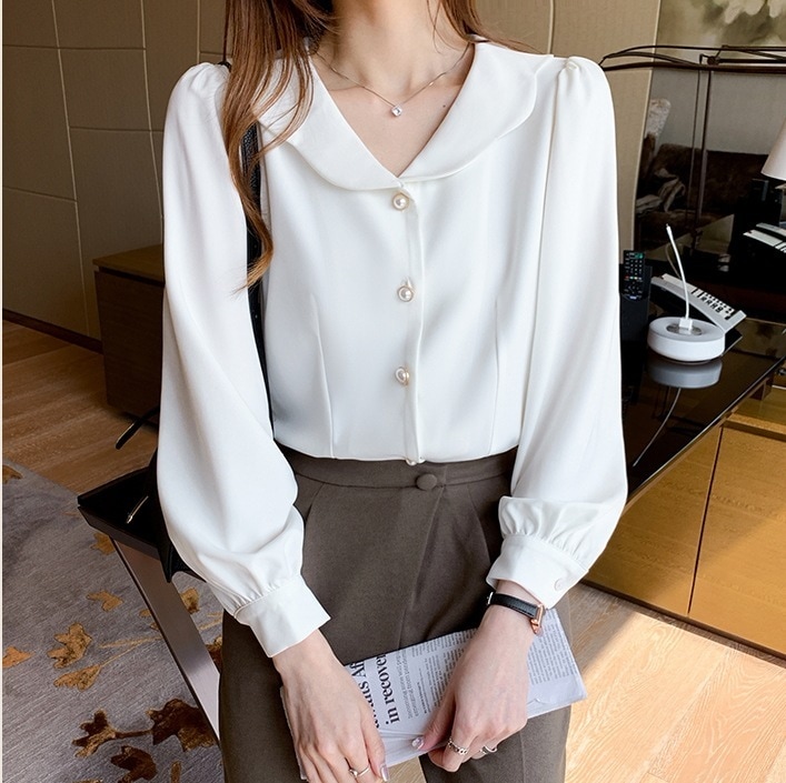 シフォンシャツ 白シフォンシャツ オフィスカジュアル 長袖シフォンシャツ トップス Tシャツ シャツ ブラウス 白シャツ 白トップス 袖あり 長袖 パフスリーブ Vネック 襟付き ストレート Iライン