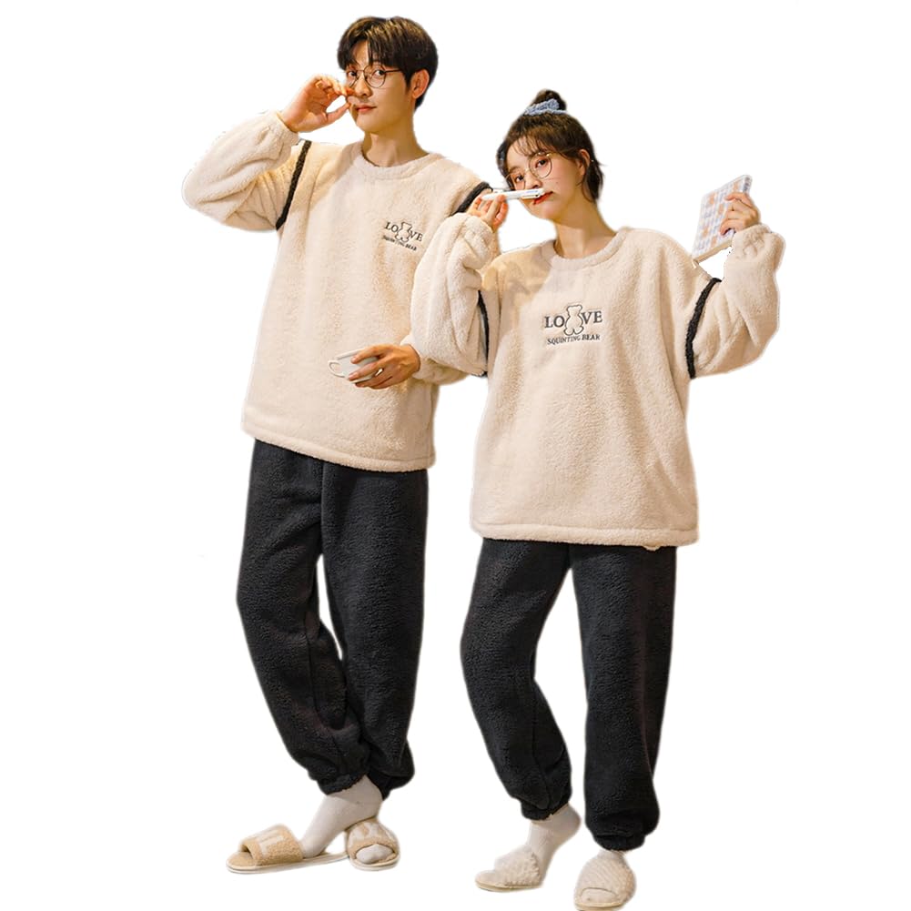 [D.IIZOO] ペア パジャマ ルームウェア 長袖 上下セット モコモコ 冬 カップル 男女兼用 誕生日 プレゼント 部屋着 可愛い パジャマ (JP, アルファベット, L, 女性用セット)